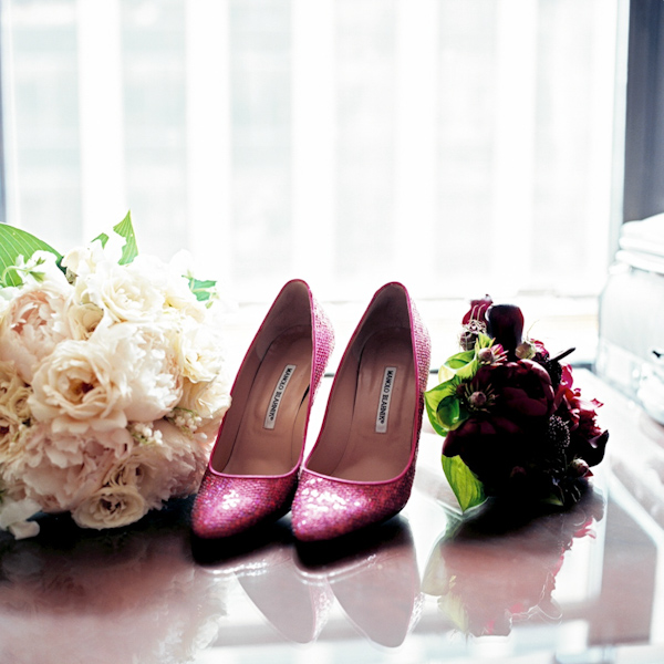bright pink sequin heels with white peony bouquet - photo by New York City based wedding photographer Karen Hill